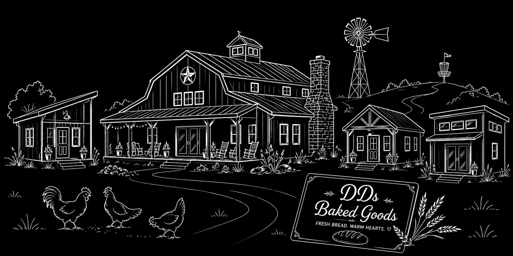 Family Barndo Compound — illustration of a Texas barndo with ADUs, a windmill, a disc golf basket on a hill, chickens, and a Baked Goods sign